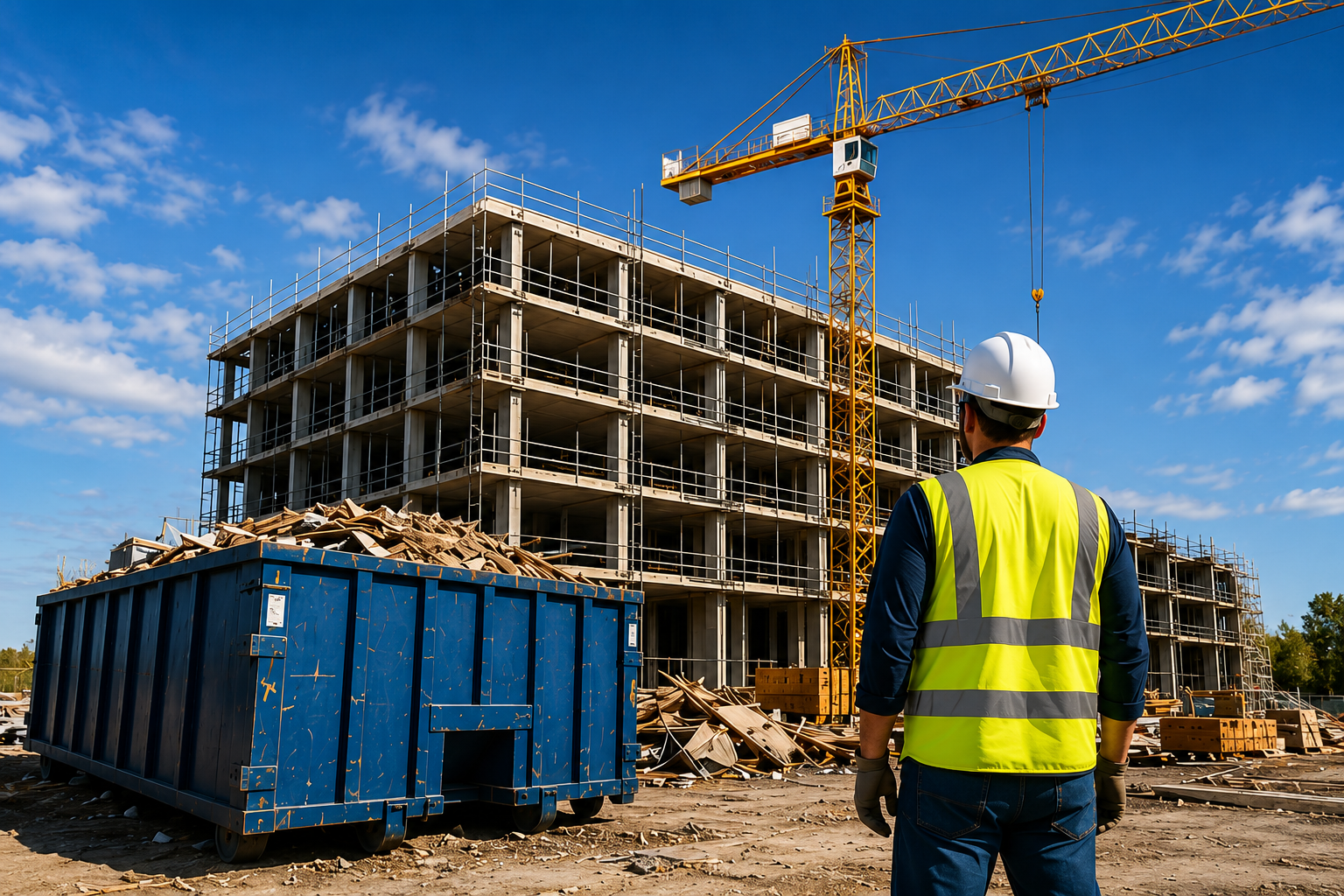 Construction site worker with dumpster and crane
